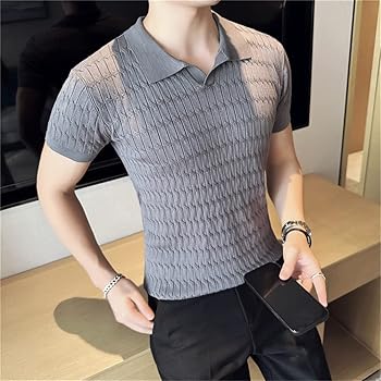 Amazon.com: V-Neck Jacquard Knitted Solid Color Polo Shirt